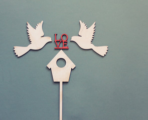 valentines day,Wedding,Housewarming  card with wooden figures of birds,birdhouse