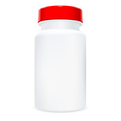 Pill Bottle. Medicine Drug Container Mockup. Medical Supplement or Vitamin 3d Package with Red Lid. Plastic Pharmaceutical Tablet Realistic Jar. Headache Medication Closeup.
