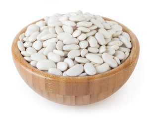 Lima beans in wooden bowl isolated on white background with clipping path