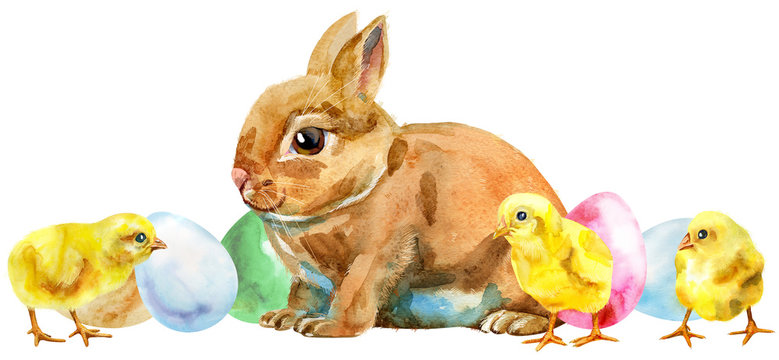 Watercolor illustration of a beige rabbit with eggs and chickens