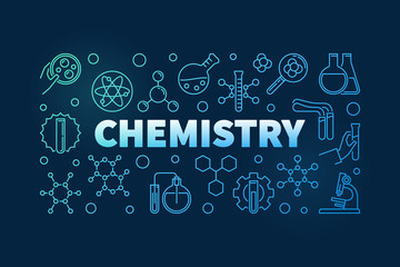 Fototapeta na wymiar Chemistry concept blue horizontal banner - vector illustration in thin line style on dark background