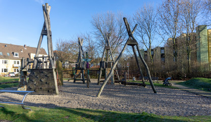Fototapeta premium Empty kids playground. wooden playground. nature eco