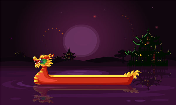 chinese dragon ship night wallpaper vector illustration