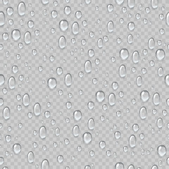 Water drops seamless pattern. Rain droplets on window fogged glass. Fresh drop raindrops. Condensation watering isolated