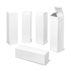 Tall white box. Cardboard cosmetic boxes rectangular blank package with shadows medicine product vertical forms