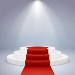 Obraz premium Realistic podium. Pedestal award winner ceremony first vip prestige spotlight carpet red, white round, vector image
