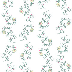 Plants and flowers. Seamless pattern. Hand drawing. Green plants with yellow flowers and pink berries. Calm colors. For textiles, clothes, dishes, packaging.