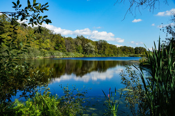 Samara, region, river, Volga, ditches, water, reflection, shore, blue, sky, white, clouds, shore, sand, forest, trees, nature, walk