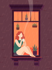 Girl at window with coffee. Windows person enjoy drinking coffee tea cup lonely time, cartoon vector illustration