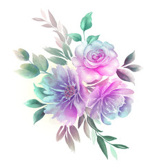 drawing bouquet of blue flowers on a white background