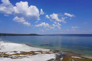 View of a geyser in the Yellowstone Lake in the West Thumb Geyser Basin in Yellowstone National Park, United States