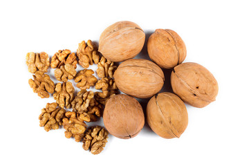 Walnuts and kernels isolated on white background