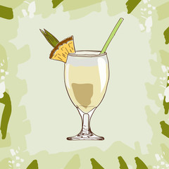 Pina Colada cocktail illustration. Alcoholic bar drink hand drawn vector. Pop art