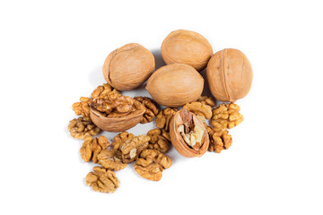 Walnuts and kernels isolated on white background