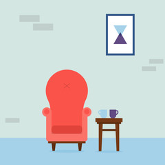 Interior of the living room. Vintage cozy red armchair, abstract picture and chair with cups in room. Interior elements. Vector illustration.