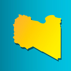 Political map African state - Libya .  Colorful vector isolated illustration icon. Yellow (orange) silhouette with shadow. Blue background