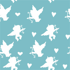 Seamless background with angels, cupids and hearts. Silhouettes. pink, blue, doodle