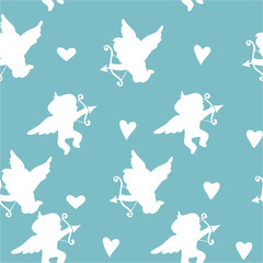Seamless background with angels, cupids and hearts. Silhouettes. pink, blue, doodle