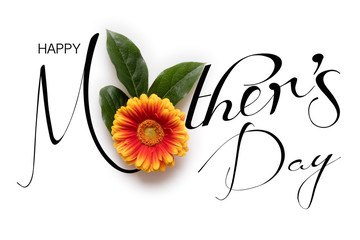 Happy Mother's Day Background. Flat lay greeting card with beautiful gerbera flowers on white...