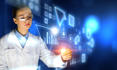 Attractive scientist in laboratory. Mixed media