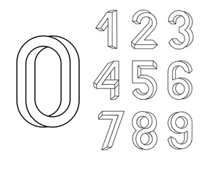 Impossible shape font. Memphis style letters. Colored numbers in the style of the 80s. Set of vector numbers constructed on the basis of the isometric view.