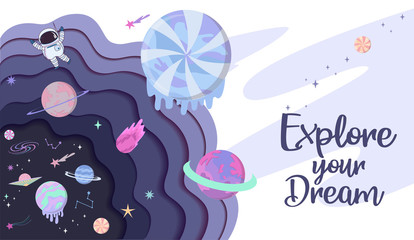 Sweet space cartoon poster with fantasy chocolate cookie, candy, donut, caramel sweets planets and astronaut. Birthday party invitation, Fantasy galaxy game concept. Editable vector illustration