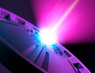 Raggio laser e parabola, sci-fi, fantascienza e tecnologia, colpire. Raggio di luce, incanalare energia, creazione energetica. Meccanismo di incanalamento raggio fotonico © Naeblys