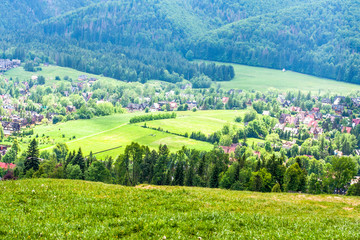 The landscape seen from Gubałówka in Poland in the summer season. Beautiful green natural vegetation and houses inhabited by people.