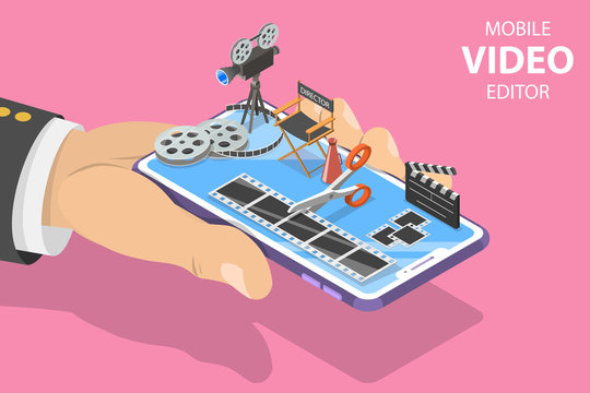 Isometric Flat Vector Concept Of Video Editing App, Multimedia Production, Video Blogging, Motion Design.