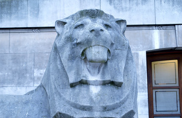 Stone lion outside Montague Place, King Edward the Seventh galleries, entrance to British Museum designed by Sir George Frampton, 1907.