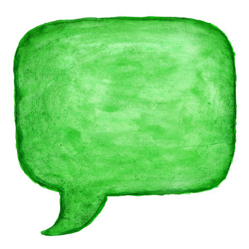 Green square speech bubble icon with watercolor paint texture isolated on white background.