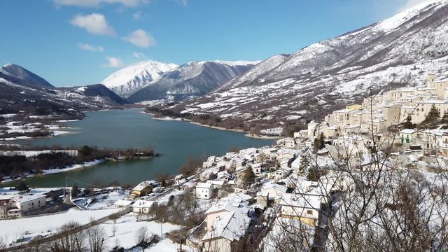 Barrea Lake on a sunny winter morning. Abruzzo, Italy.