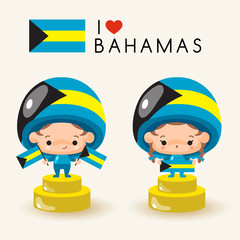Boy and girl wearing national hat and holding national flags : Bahamas : Vector Illustration