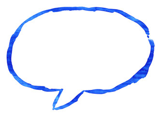 Blue ellipse speech bubble icon with watercolor paint texture isolated on white background.