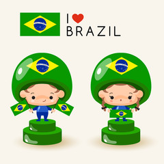 Boy and girl wearing national hat and holding national flags : Brazil : Vector Illustration
