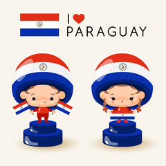 Boy and girl wearing national hat and holding national flags : Paraguay : Vector Illustration