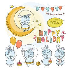 BUNNY BIRTHDAY Comic Cartoon Vector Illustration Set for Print, Fabric and Decoration.