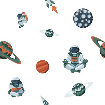 Kid space with planets and spaceships. Flat cartoon cosmos science pattern