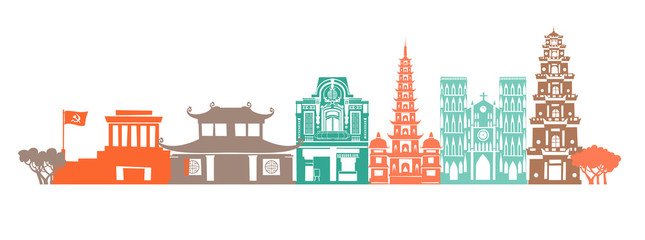 Vietnam skyline vector. Panoramic abstract street view. Travel and tourism background. Vector illustration Vietnamese landmark contour illustration