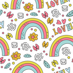 RAINBOW Comic Cartoon Holiday Seamless Pattern Vector Illustration for Print, Fabric and Decoration.