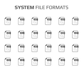 Flat style icon set. System file type, extencion. Document format. Pictogram. Web and multimedia. Computer technology.