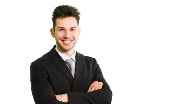 Young manager smiling on a white background