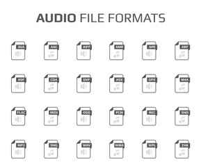 Flat style icon set. Audio, song, voice recording file type, extencion. Document format. Pictogram. Web and multimedia. Computer technology.