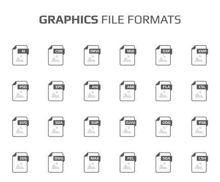 Flat style icon set. Graphic design, vector file type, extencion. Document format. Pictogram. Web and multimedia. Computer technology.
