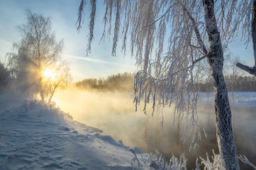 панорама рассвета на Рефтинском водохранилище зимой, Россия Урал, февраль  - 245744930
