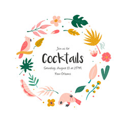 Cocktail invitation with flowers, birds and palm leaves.