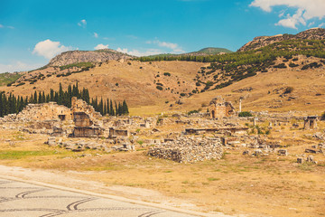 Ancient Greco Roman city. Ruins of ancient city, Hierapolis in Pamukkale, Turkey. Ruined ancient place
