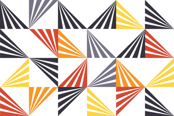 Seamless, abstract background pattern made with stripes forming triangle shapes. Playful, modern vector art. Grey, orange, yellow and black colors on white background.