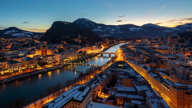 4K Panning Night to Day Time lapse of Salzburg City, Austria