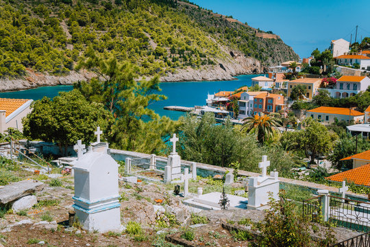Beautiful landscape with old cemetery near picturesque town Assos, Kefalonia, Greece. Stunning amazing charming places, famous town